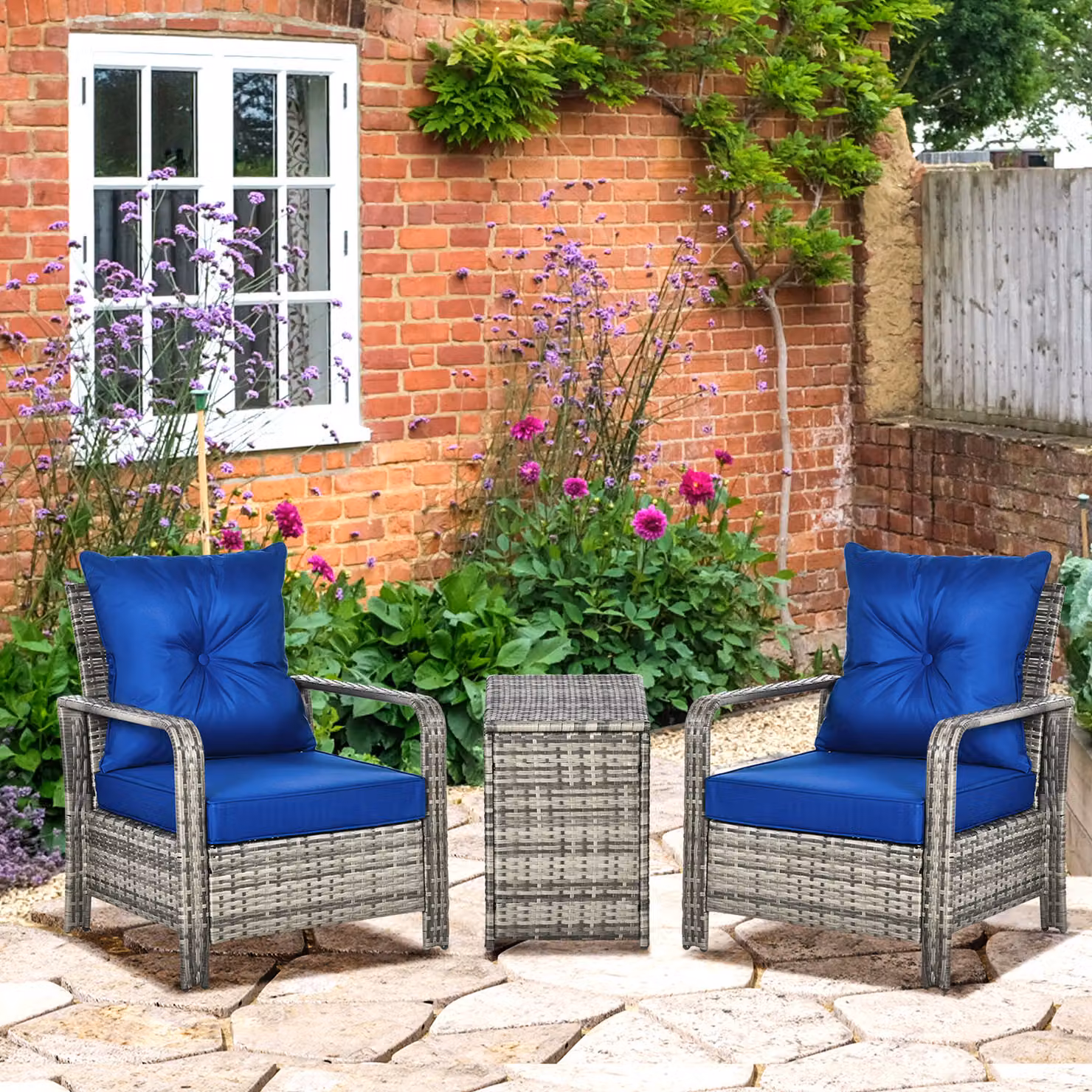 Outsunny 3 Piece Grey PE Rattan Wicker Garden Bistro Set with Blue Cushions – 2
