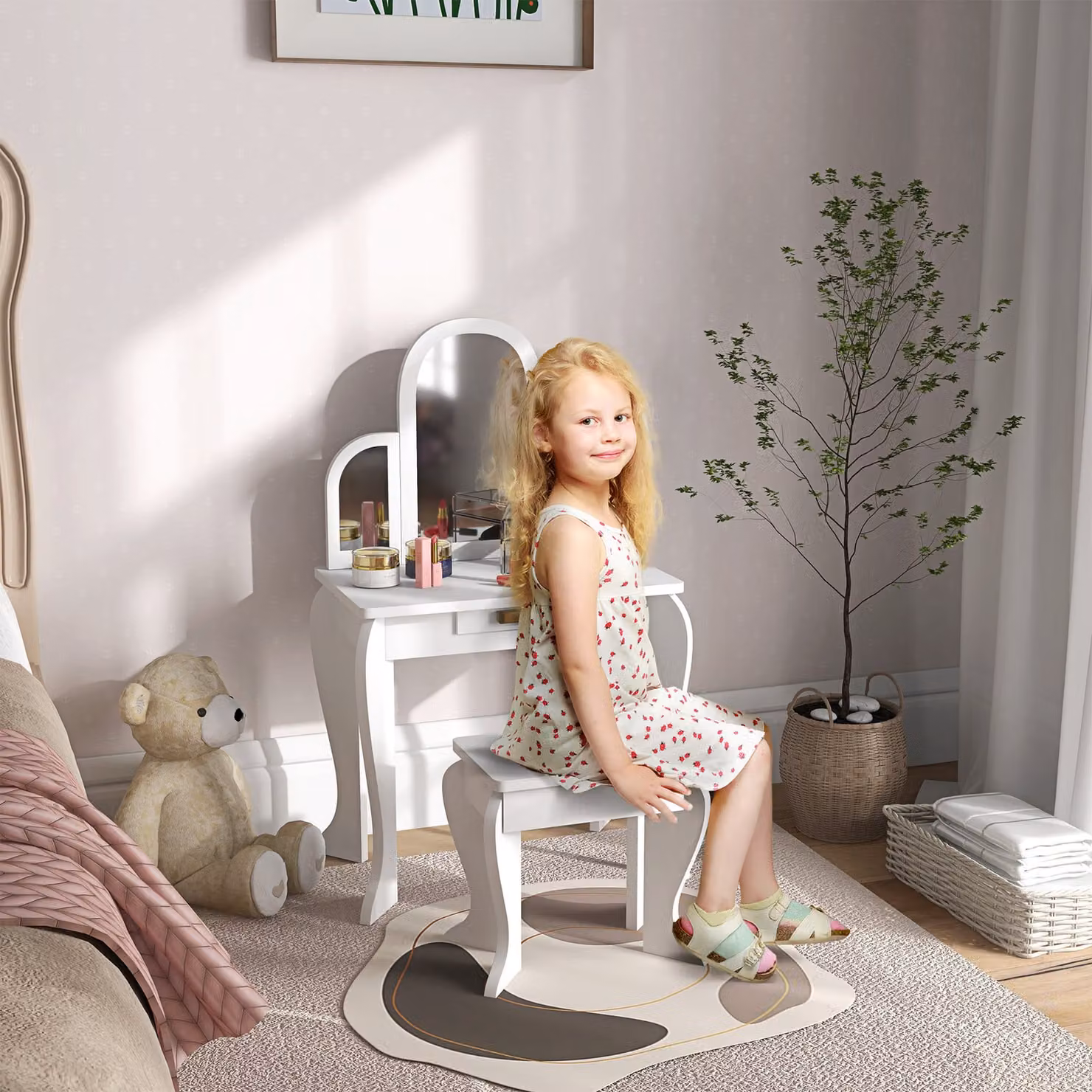 HOMCOM Kids Dressing Table Set with Tri-fold Mirror and Drawer in White – 2