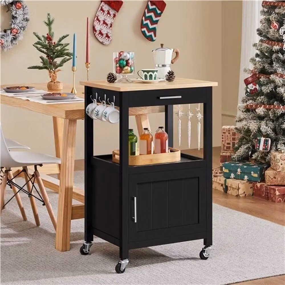 KORVIXA Rolling Kitchen Trolley Cart Storage Island in Black, W: 70 cm, H: 65 cm – 4