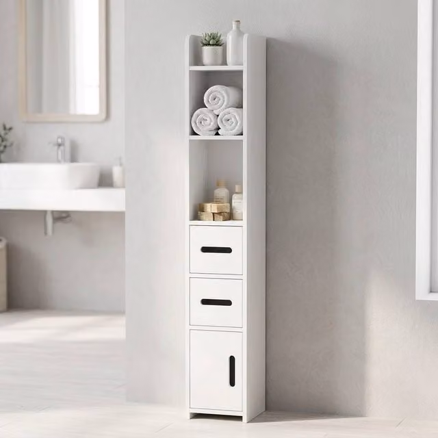 STILVORA Modern White Freestanding Bathroom Storage Cabinet with Internal Shelves and Hinged Doors