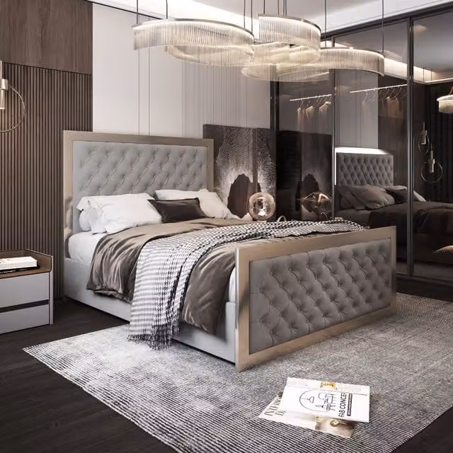 Emia Upholstered Velvet Metal Bed Frame in Grey, 180 x 200 cm