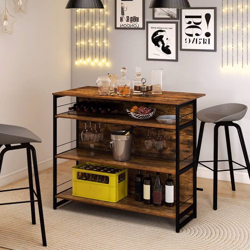 Costway 2-in-1 Industrial Home Bar Unit and Wine Cabinet with 4 Shelves and 4-Row Glass Holders in Brown – 4
