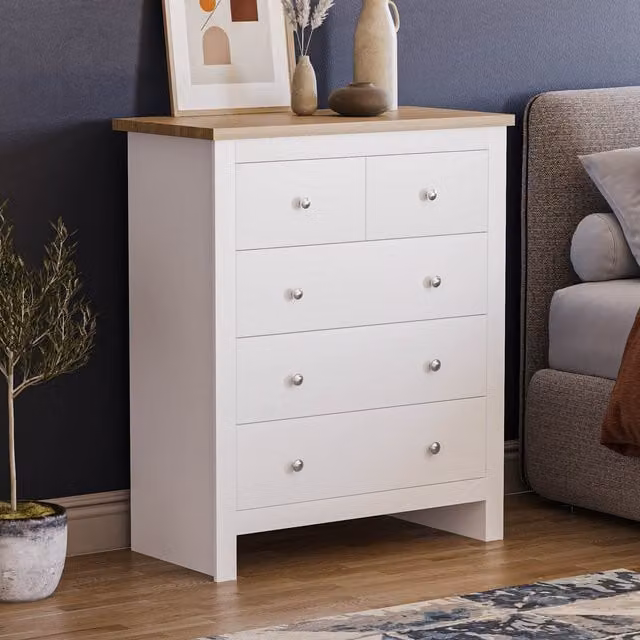 Vida Designs Arlington 5 Drawer Chest in White and Silver