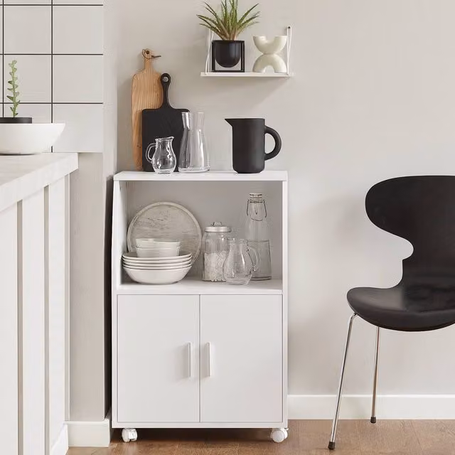 SoBuy Modern Compact Kitchen Trolley with Hinged Doors and Open Shelf in White