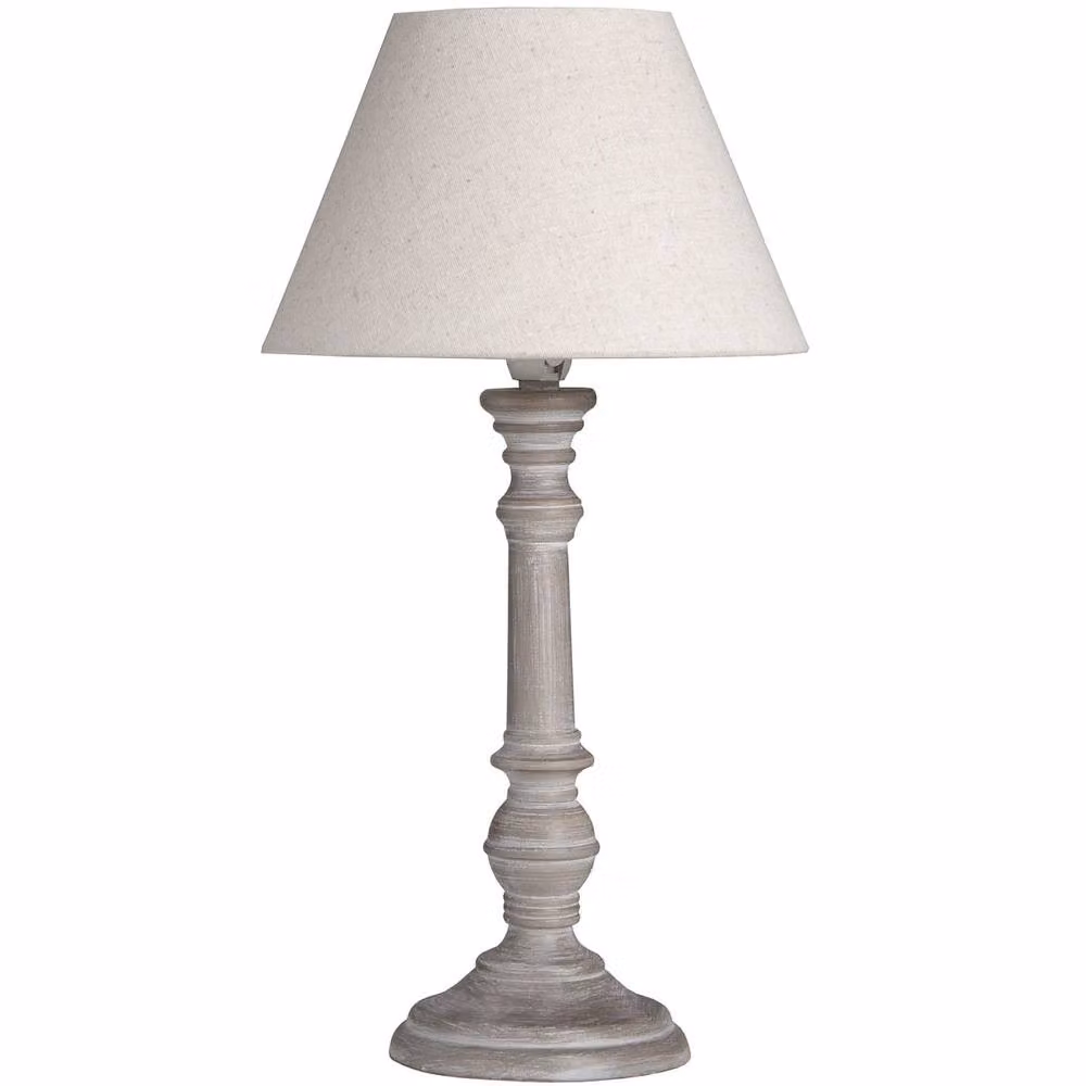 Wyld Haus Turin Rustic Tall Distressed Grey Wooden Table Lamp with Beige Linen Shade – 2