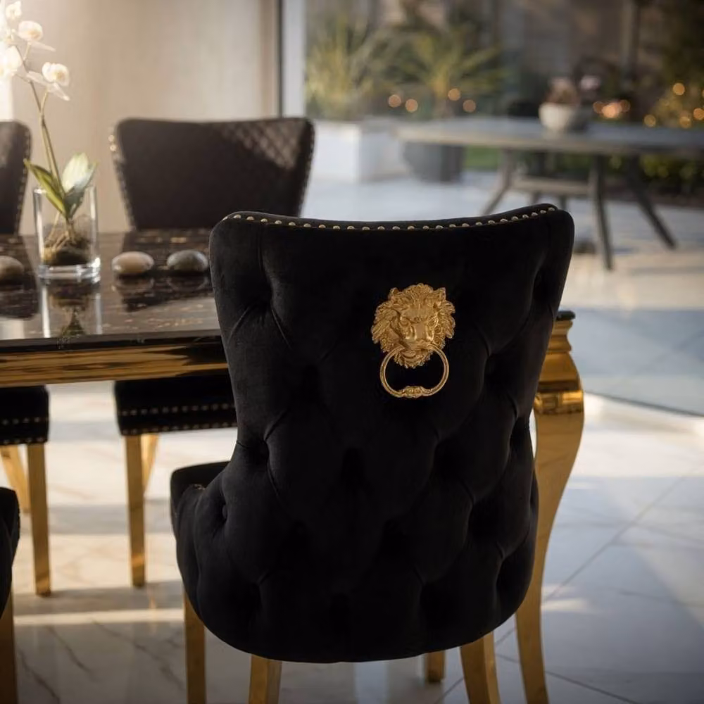 HOME LUXE INTERIOR Sofia Black and Gold Marble Dining Table and 4 Victoria Black Lion Chairs – 6