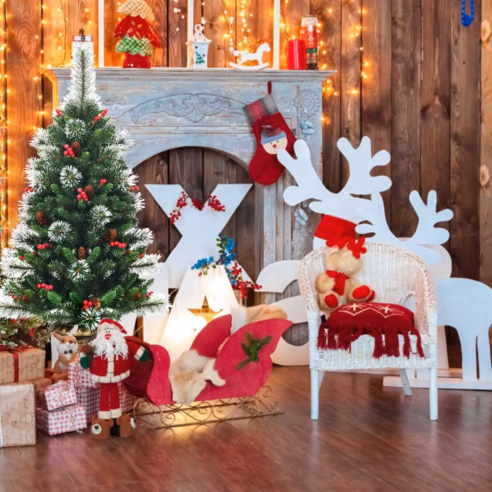 Gymax 120 cm Artificial Christmas Tree in Green and Red with Glittered Branches and Pine Cones – 3
