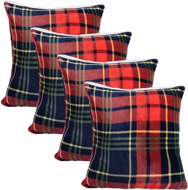 OHS Pack of 4 Navy Blue and Red Oxford Flannel Checked Square Cushion Covers