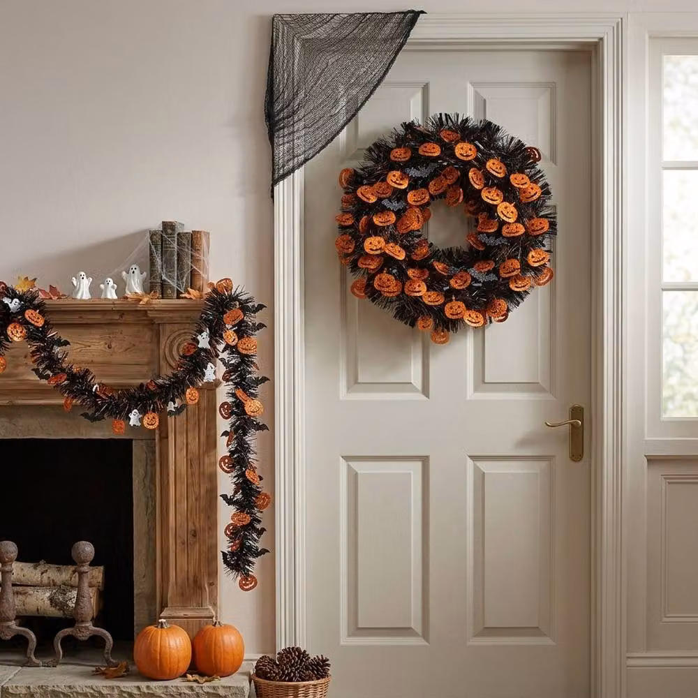 Garden Greatness Orange Multicolour Sparkling Pumpkin Bat Halloween Tinsel Wreath – 2