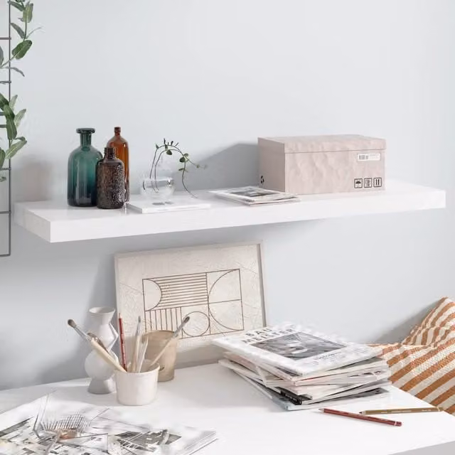 Berkfield Home Floating Wall Shelf in High Gloss White, W/D/H: 90 x 23.5 x 3.8 cm