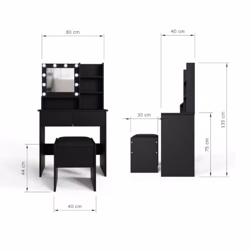 GFW Eva LED Dressing Table Set with LED Mirror and Cushioned Stool in Black – 7