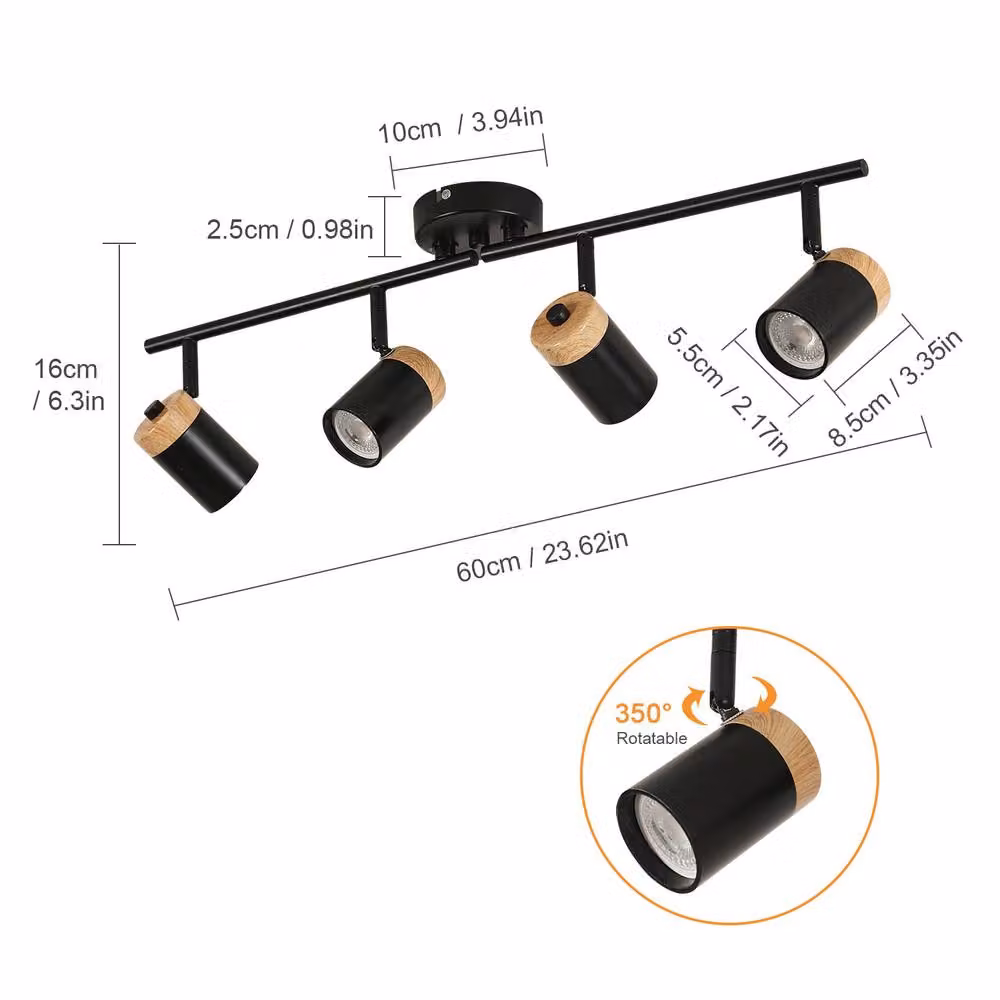 Pheashine Black and Wood 4-Light Adjustable Ceiling Spotlight with GU10 Base – 2