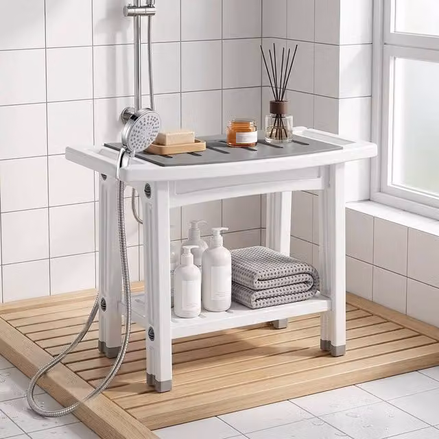 EONLION 2-Tier White Plastic Shower Bench with Shelf for Bathroom