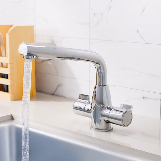 Nes Home Kitchen Sink Mixer Tap with Swivel Spout and Twin Handles, Chrome, Metallic Silver, Deck Mounted