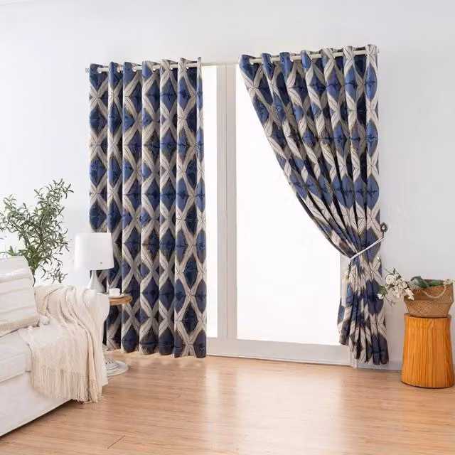 Luxury Living Diamond Jacquard Metallic Fully Lined Eyelet Curtains in Blue, Width: 168 cm, Drop: 229 cm