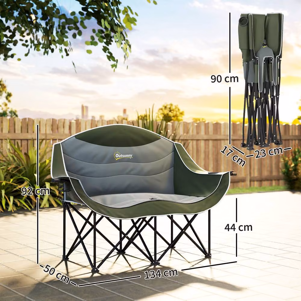 OUTSUNNY Double Camping Chair for Adults with Armrests and Cup Holders, Green – 3