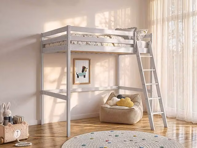 Vente-unique GEDEON II Loft Bed in White Solid Pine, W/D/H: 190 x 140 x 152.5 cm – 1
