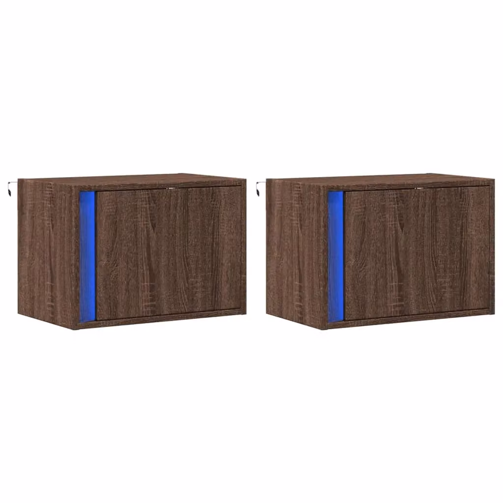 Berkfield Home Set of 2 Wall-mounted Bedside Cabinets with Integrated LED Lights in Brown Oak – 2