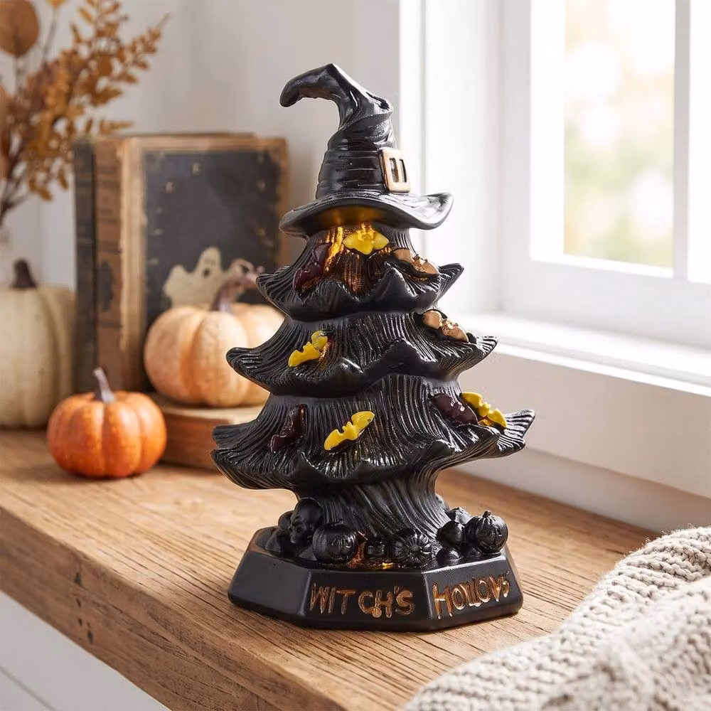 FLAVORA Witch Hat LED Night Light, Black Resin Tabletop Decor, H 100 cm x W 15 cm – 4