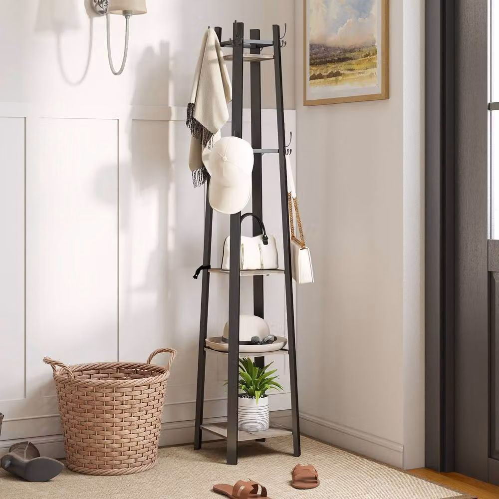 STILVORA Industrial Coat Stand with 8 Hooks and 4 Shelves in Grey and Black – 3