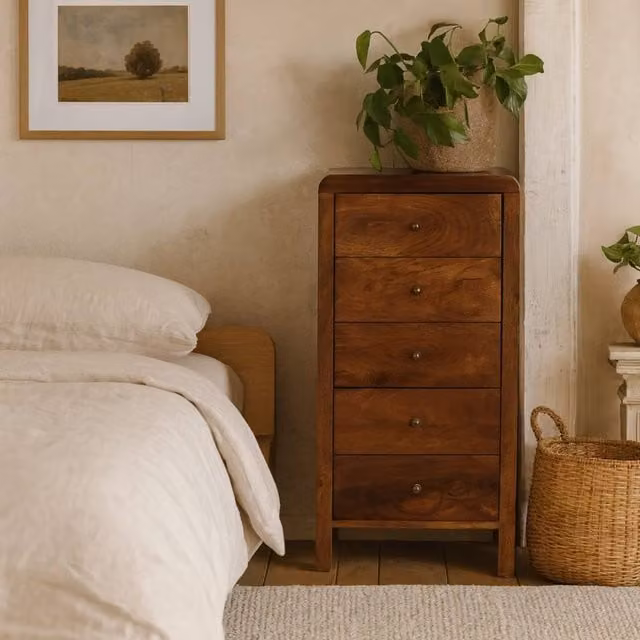 Wyld Haus Tropea Mango Wood Tallboy Storage Cabinet in Brown, H 90 cm x W 45 cm x D 35 cm