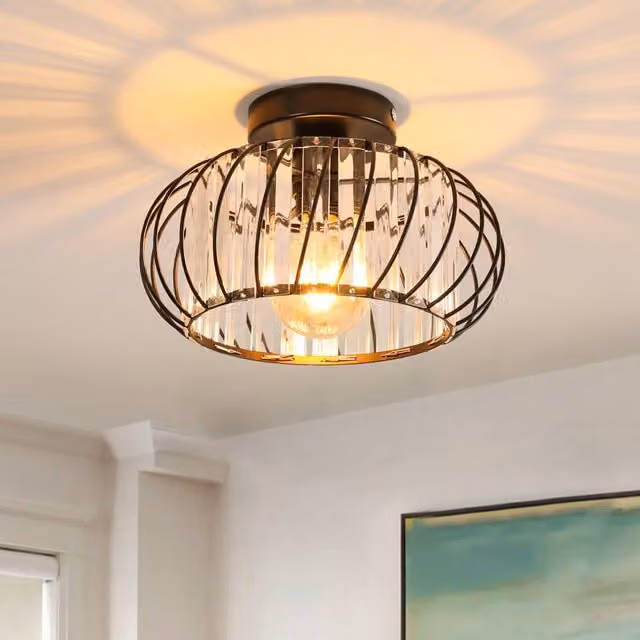 Pheashine Modern Black Crystal Cage Ceiling Light with E27 Socket