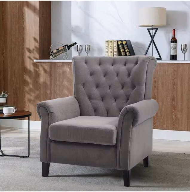 Living and Home Grey Velvet Tufted Wingback Armchair with Oak Wood Frame – 1