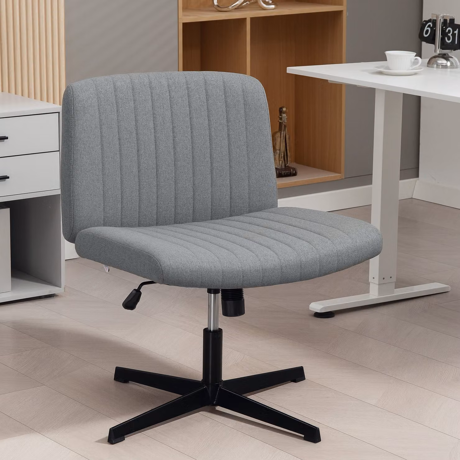 HOMCOM Armless Grey Linen Fabric Office Chair with Wide Seat, Height Adjustable Swivel Task Chair – 7