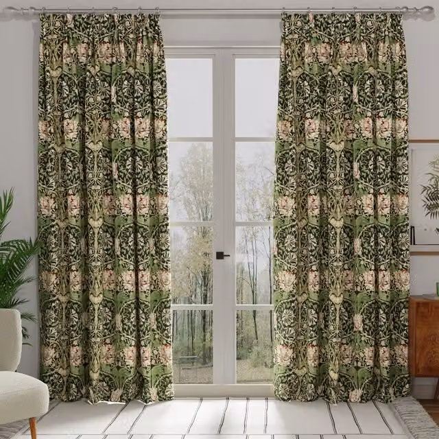 William Morris Honey Suckle Made to Measure Blackout Eyelet Curtains in Green Floral Cotton Fabric