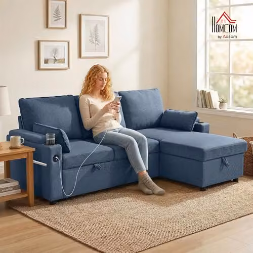 HOMCOM L-Shaped 3 Seater Corner Sofa Bed in Blue with Reversible Storage Chaise and USB Charging, W/D/H: 205.0 x 136.5 x 85.0 cm – 2