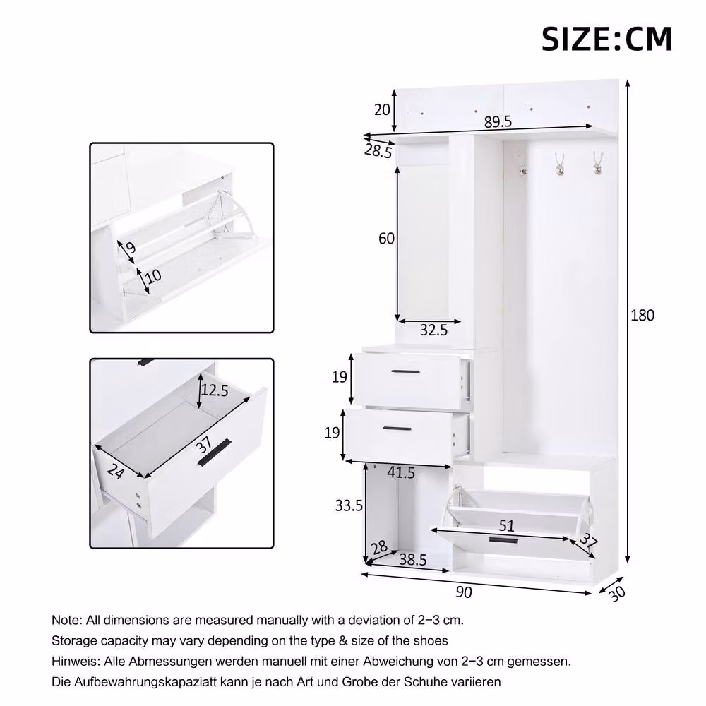 BTM Modern White Hallway Hall Tree with Bench, Mirror and Shoe Cabinet – 2