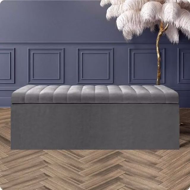 R&M Furnishers Safar Ottoman Storage Box in Grey Striped Plush Velvet