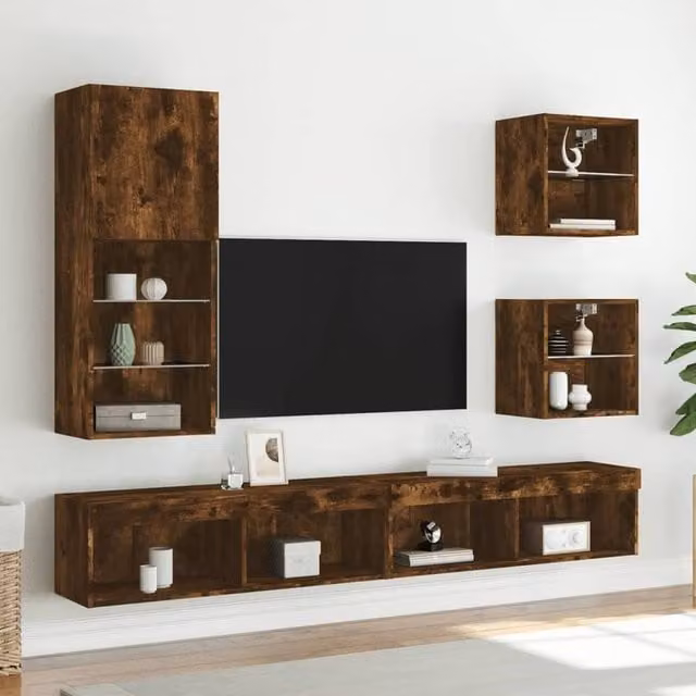 Berkfield Home Modern TV Cabinet with LED Lights in Smoked Oak Brown, H 102 cm x W 40.5 cm x D 30 cm – 1