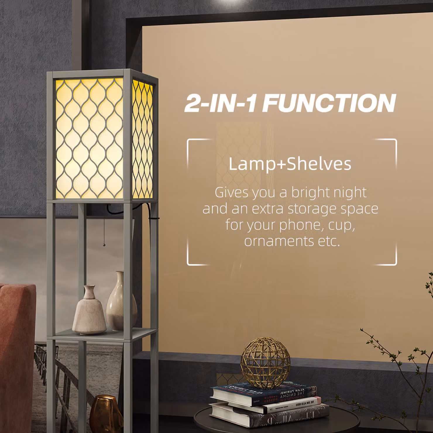 HOMCOM Modern Tall Floor Lamp with Shelves and Dual Light in Light Grey – 4