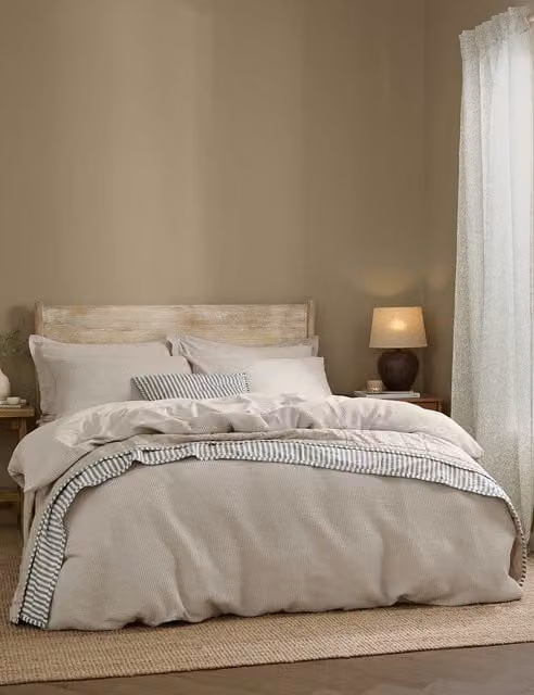 YARD Hebden Waffle Bedding Set in Stone Cotton Percale, W: 180 cm, L: 200 cm