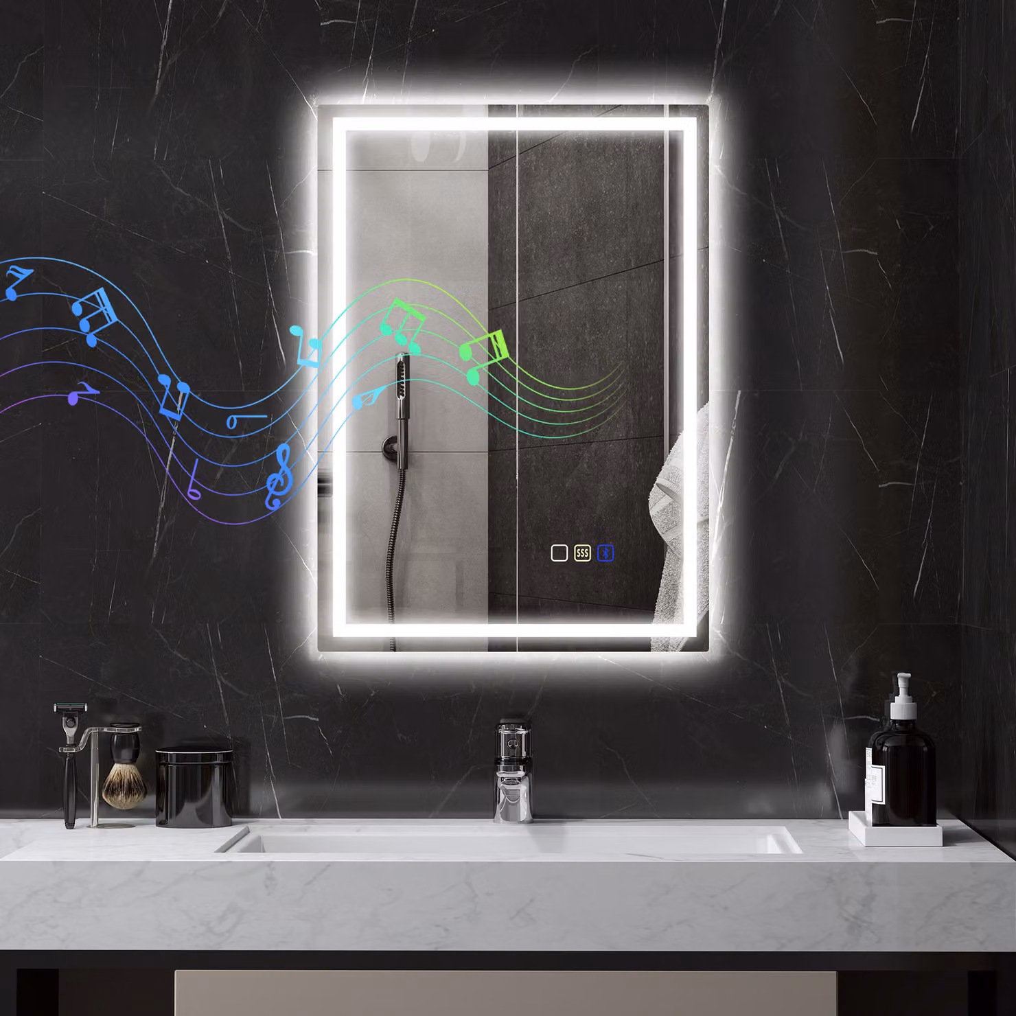HOMCOM Silver LED Bathroom Mirror with Bluetooth, Anti-Fog and Touch Control, W: 50 cm, H: 70 cm – 2