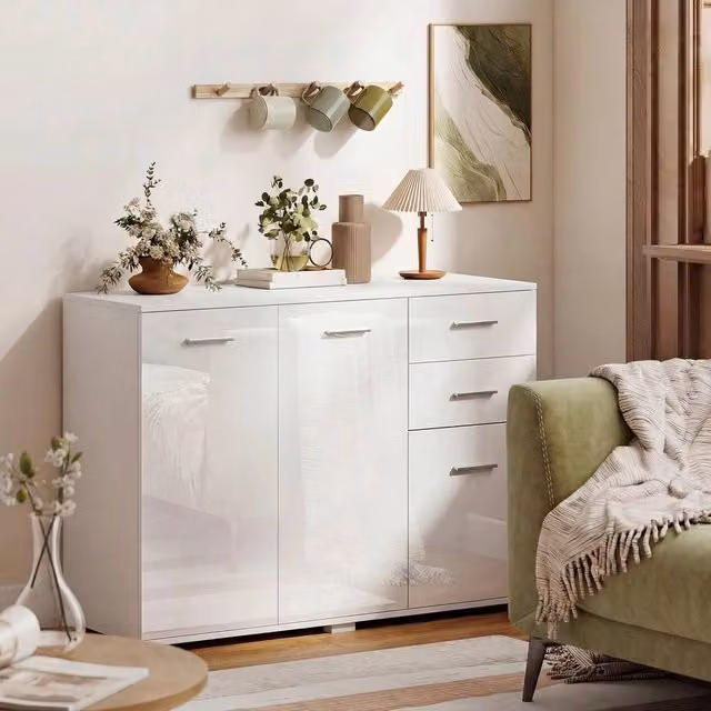 EONLION Modern Glossy White Sideboard Kitchen Storage Cabinet – 1