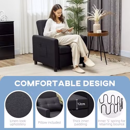 HOMCOM Compact Single Convertible Sleeper Chair Bed in Black with Adjustable Backrest and Side Pockets – 4
