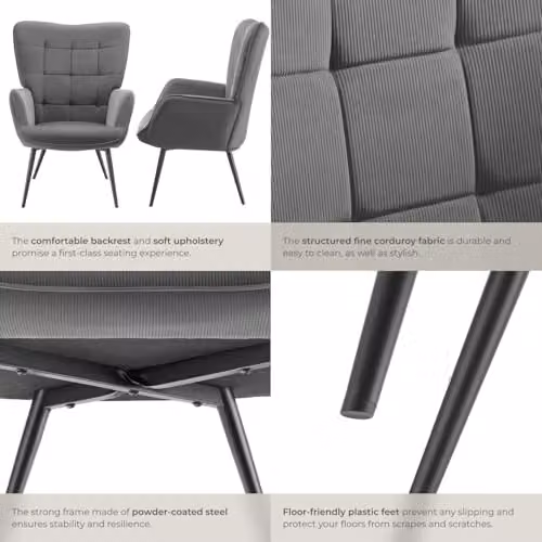 tectake Scandinavian Style Corduroy Armchair with Foam Padding and Steel Legs in Anthracite/Black, W: 76 cm, D: 72 cm, H: 100.5 cm – 7