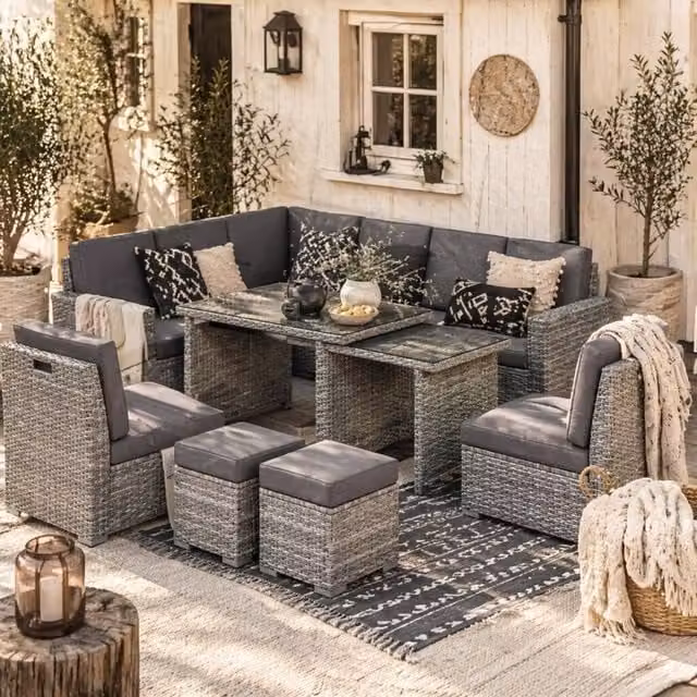 Wyld Haus Nomiri 10 Seater Extendable Outdoor Dining Sofa Set in Light Grey Rattan