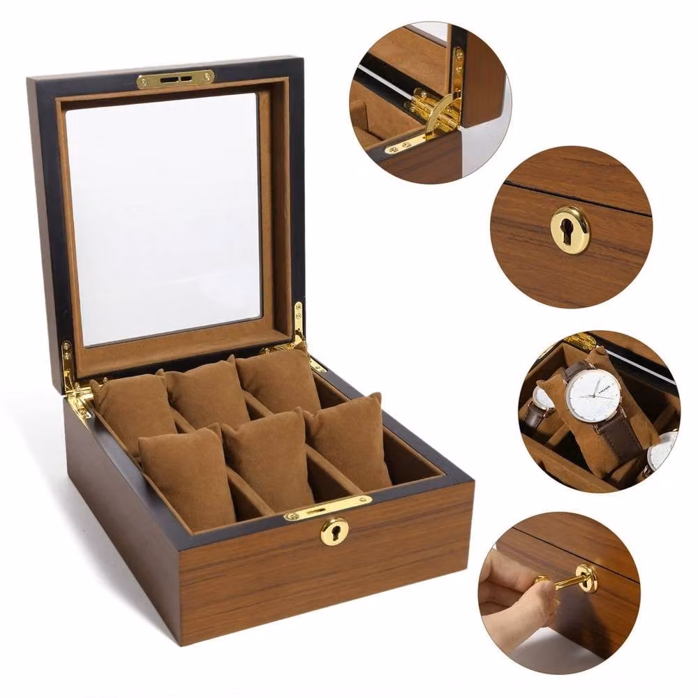 NESTLUNE 6 Watch Display Grid Box Lockable Wood Case in Brown – 4