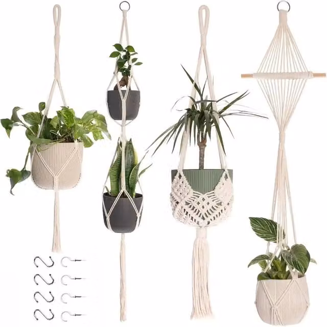 VOGREX 4 Pack Macrame Cotton Plant Hangers in Beige and White – 1