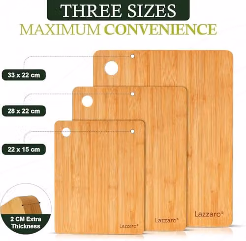 Lazzaro Bamboo Chopping Board Set of 3 in Brown, Extra Thick Rectangular Wooden Cutting Boards with Juice Grooves and Handles – 5