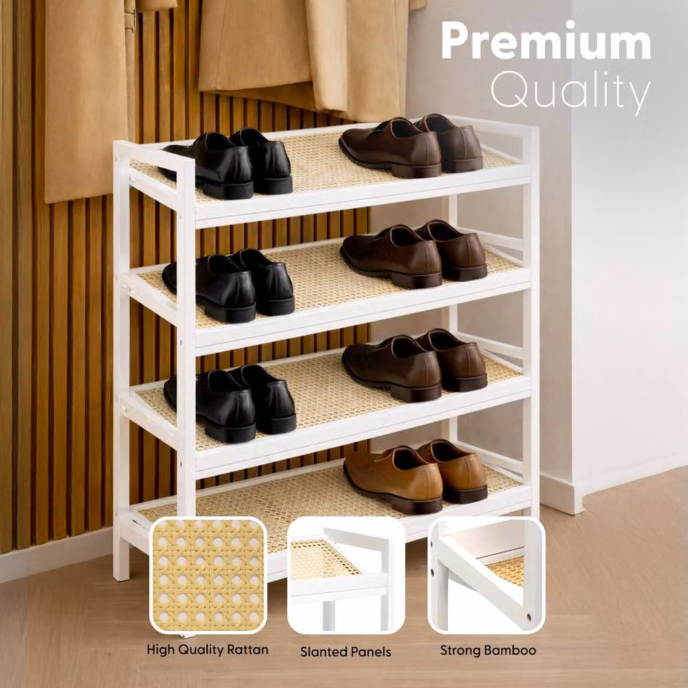 Keplin 4 Tier Bamboo and Rattan Shoe Organiser Rack in White and Natural – 2