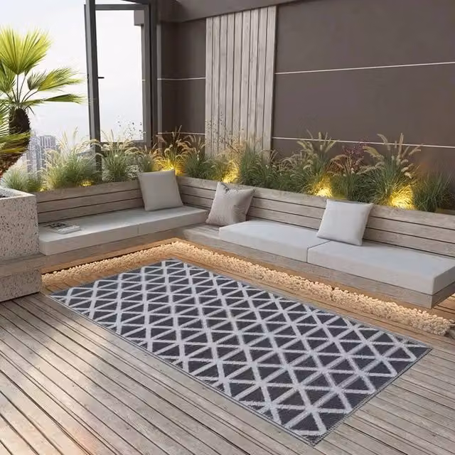 EONLION Black Geometric Polypropylene Outdoor Square Rug, W/D/H: 100 x 100 x 1 cm – 1
