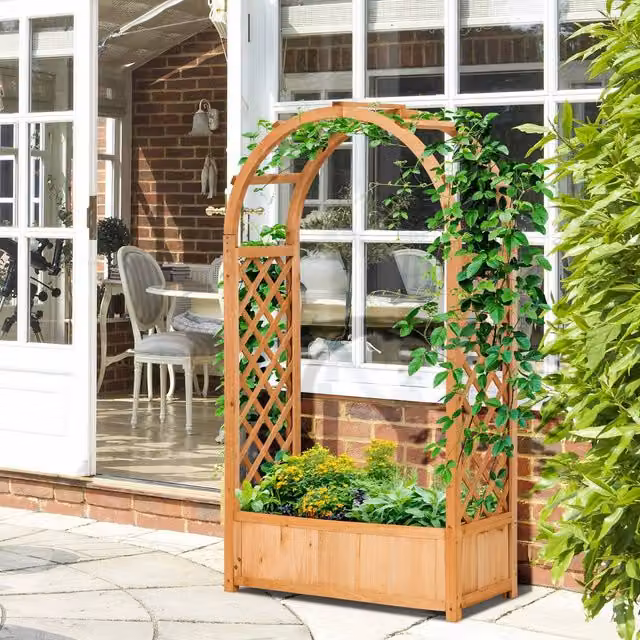 OUTSUNNY Brown Wooden Raised Garden Bed with Arch Trellis, W: 152 cm, D: 83 cm, H: 36 cm