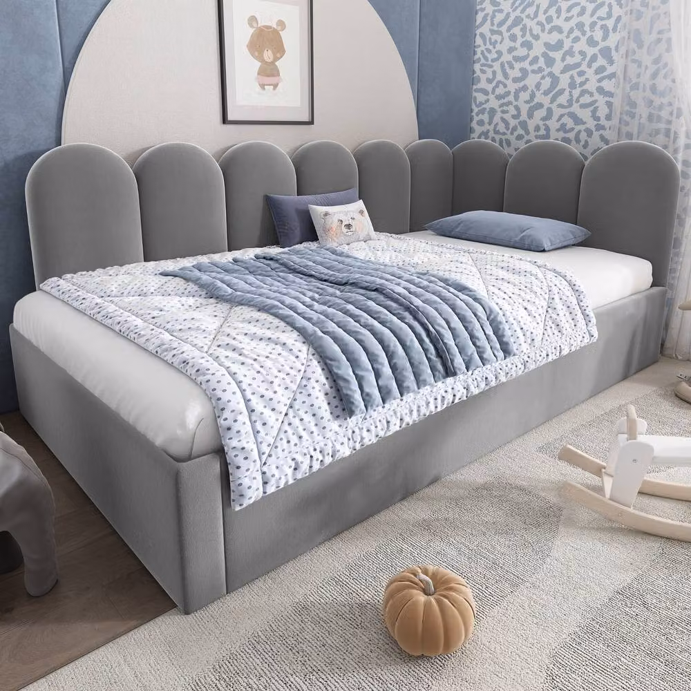 Merax Grey Upholstered L-Form Single Daybed with Pull Out Guest Bed, W/D/H: 190 x 90 x 76 cm – 7