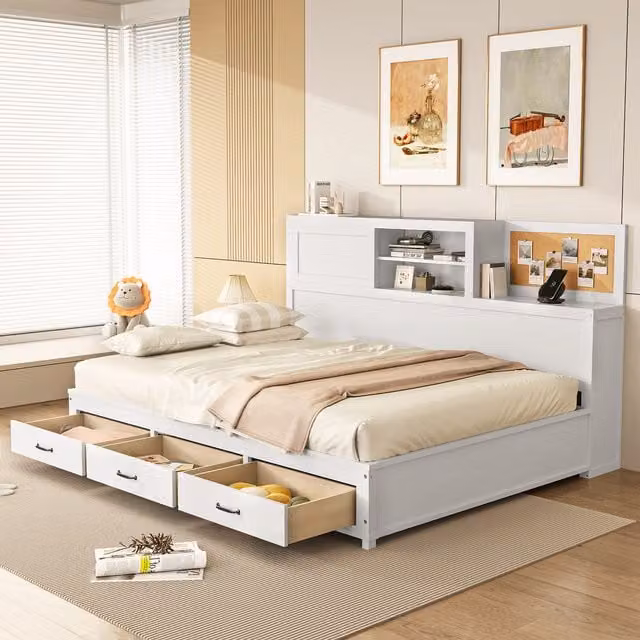COSTWAY Modern White Daybed Frame with Storage Drawers and Bedside Shelf, W/D/H: 140 x 200 cm