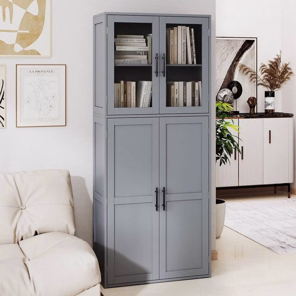 EONLION Grey Wooden Freestanding Broom Closet and Utility Storage Cabinet with Hinged Doors and Internal Shelves – 3