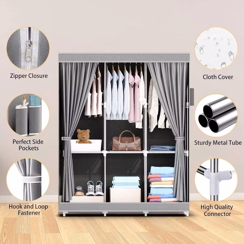 VOGREX Grey Fabric Wardrobe with Hanging Rail and Internal Shelves – 2